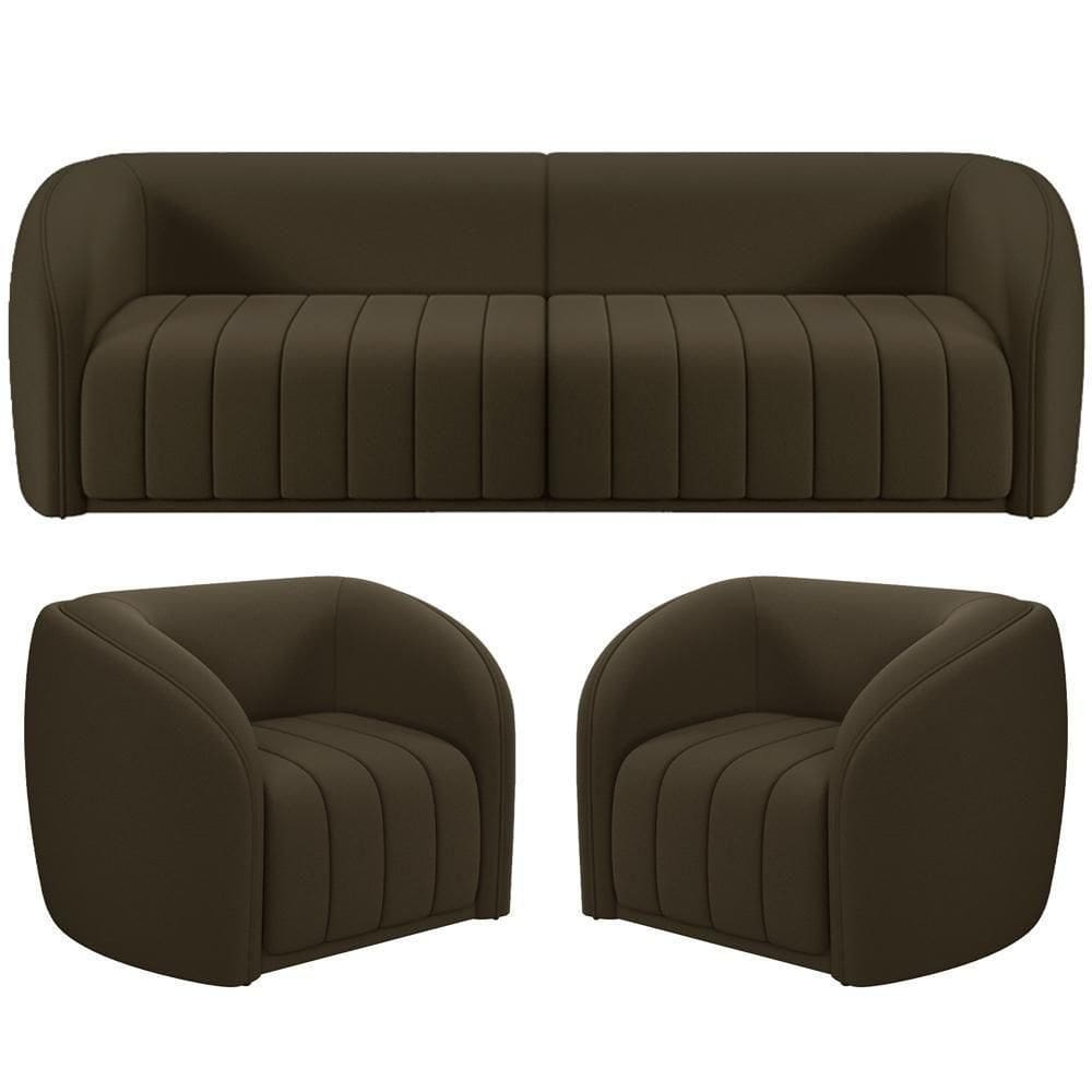 Kit Sofá 04 Lugares Para Sala 292 Cm Com 02 Poltronas Lazio M03 Veludo Marrom - Lyam Decor