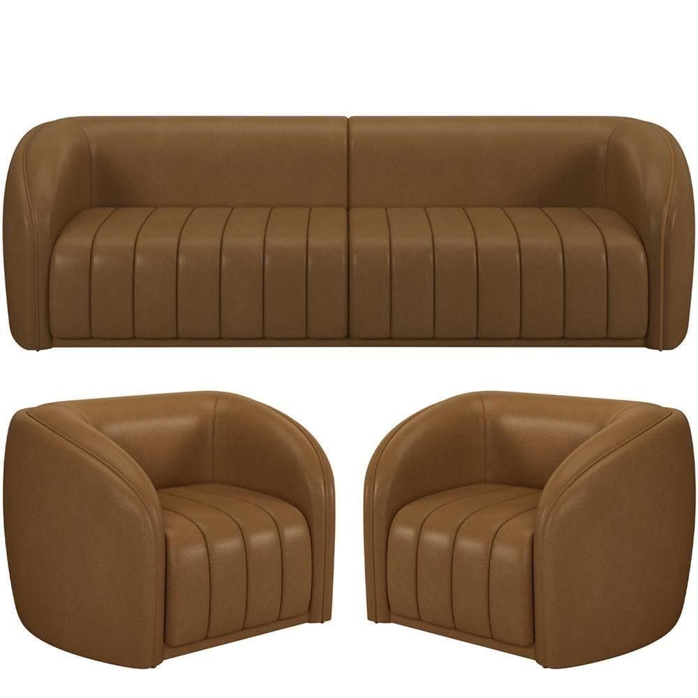 Kit Sofá 04 Lugares Para Sala 252 Cm Com 02 Poltronas Lazio M03 Couríssimo Whisky - Lyam Decor