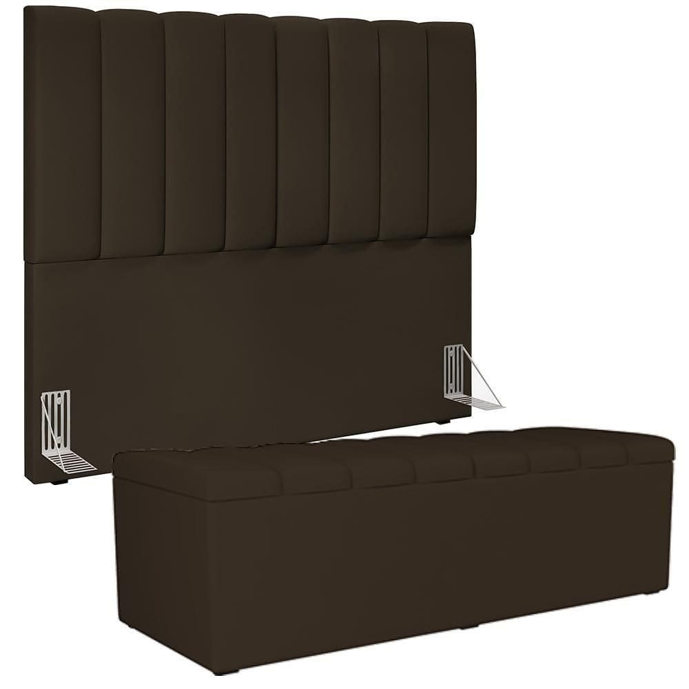 Kit Cabeceira Casal 140cm C/Calçadeira Recamier Baú Marrom