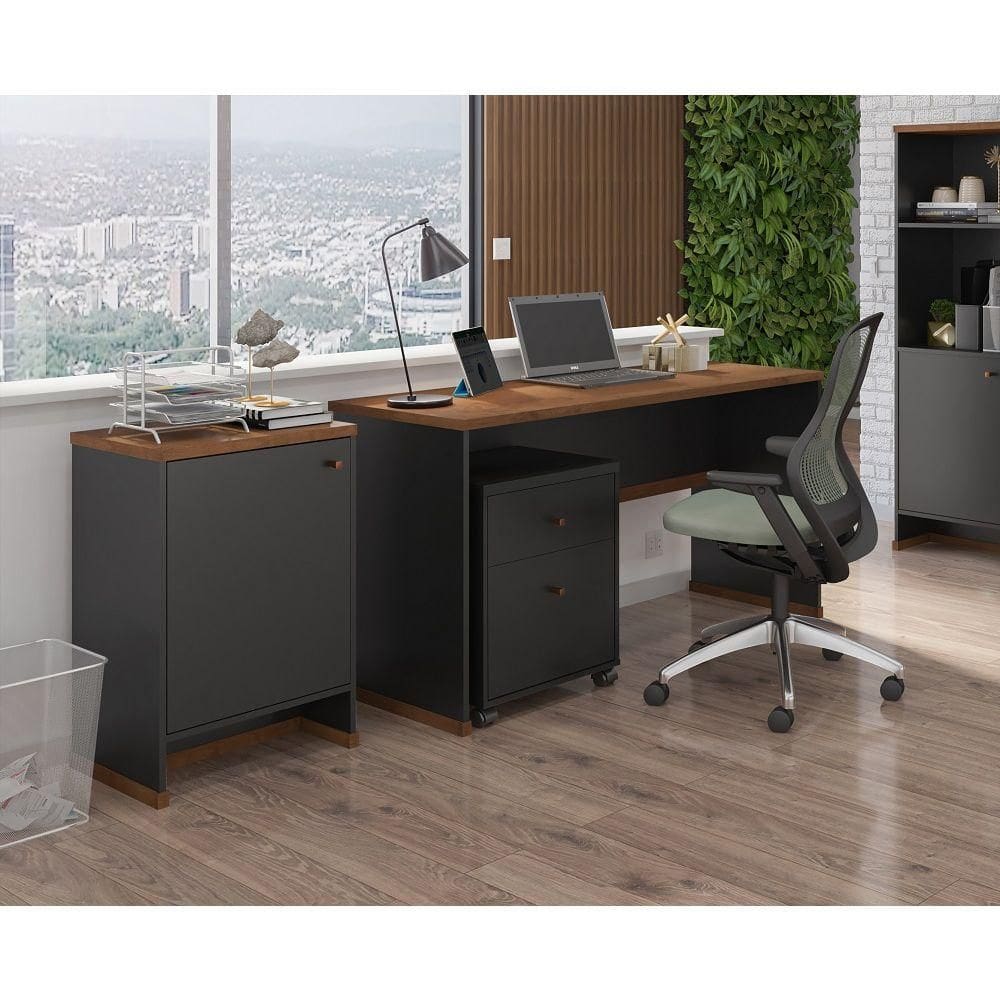 Conjunto Escritório Mesa Gaveteiro Balcão Berlin Vianossa Preto Naturale