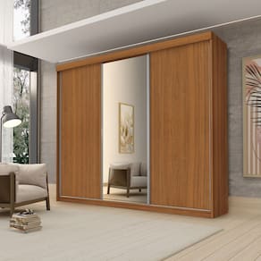 Roupeiro Casal Luxo Florença 100% Mdf 3 Portas de Correr 5 Gavetas Trilhos em Alumínio Espelho - Luapa - Carvalho