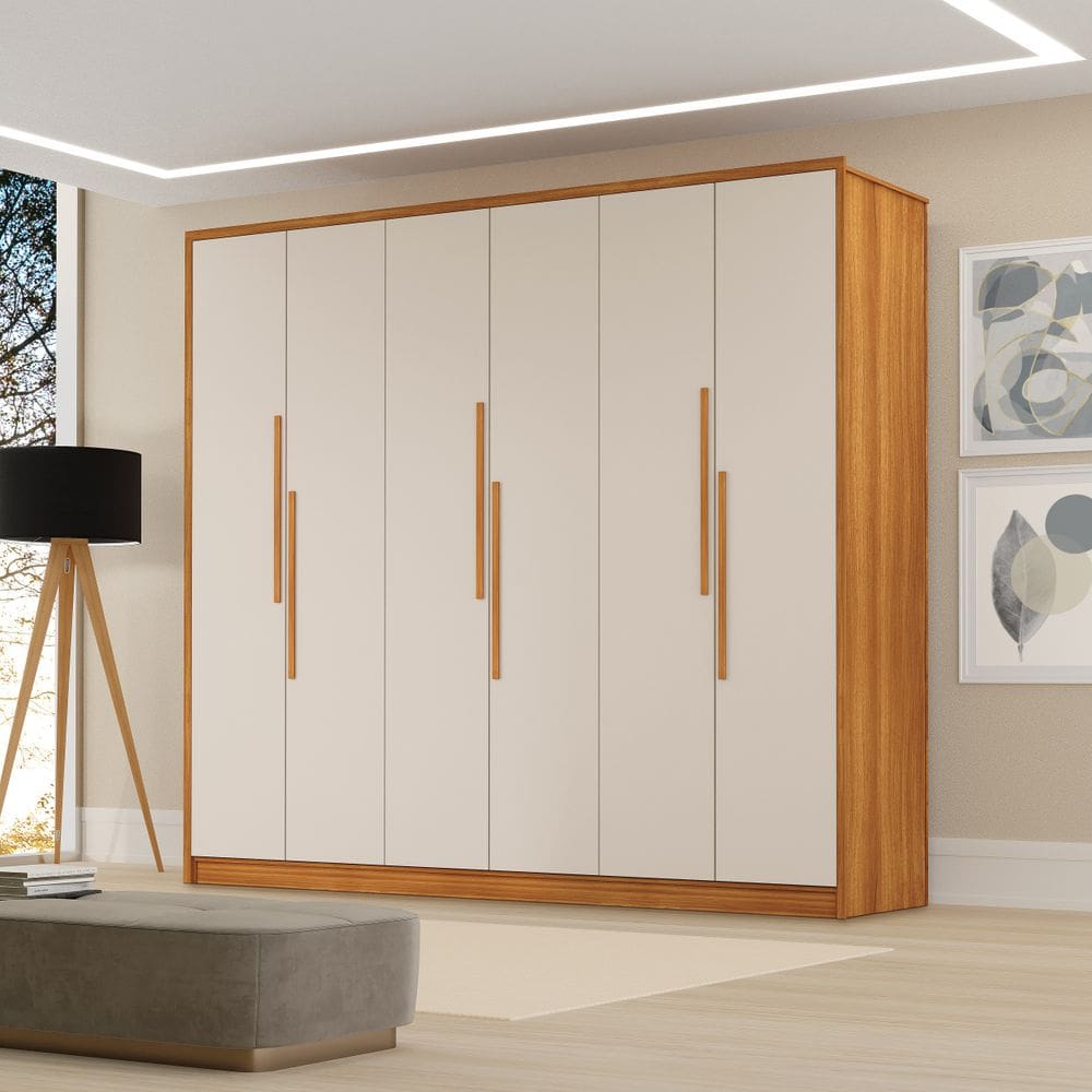 Guarda Roupa Casal Moderno Cordoba 100% Mdf c/ 6 Portas Corrediças Telescópicas - Luapa - Freijó/Off