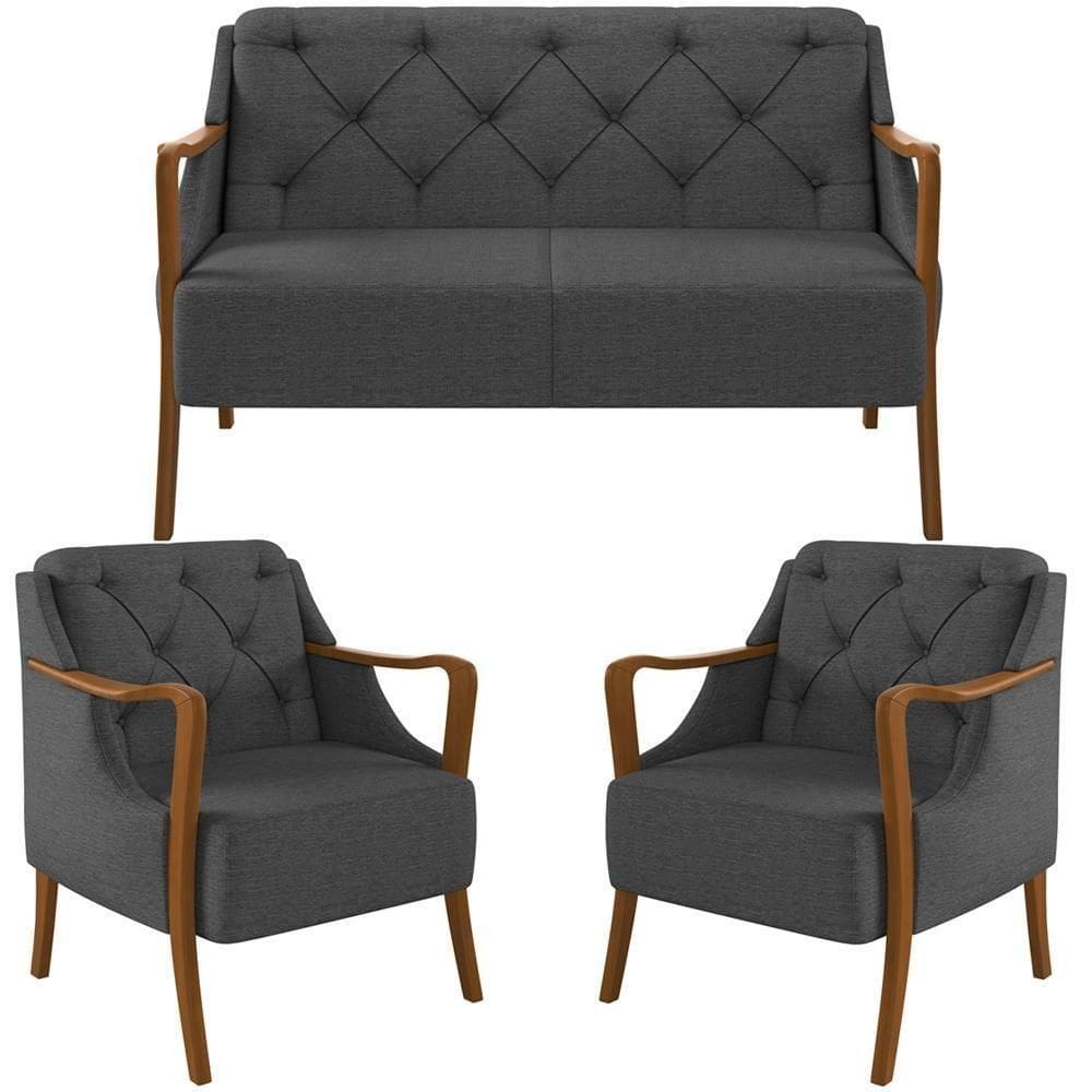 Kit Sofá 02 Lugares 135Cm Com 02 Poltronas Coral M03 Chumbo
