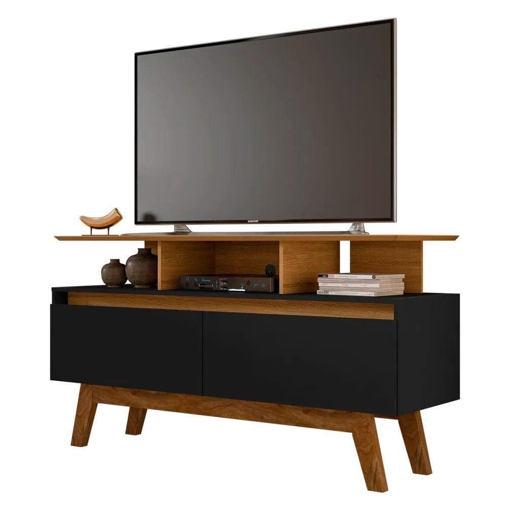 Rack Bancada Para Tv Até 50" 2 Portas Cinamomo/preto Fosco