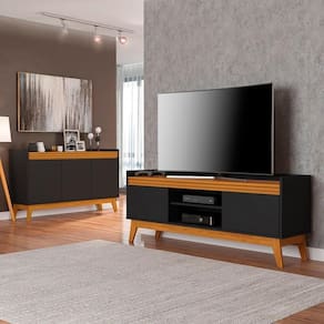 Conj Buffet E Rack Para Tv 50" Ripado 136cm Preto/Cedro