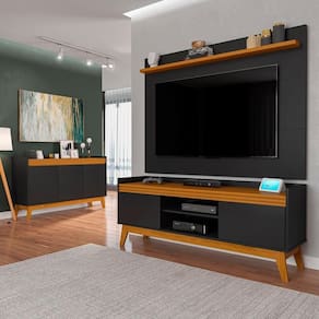 Conj Sala De Estar Buffet E Rack Com Painel 136cm Preto/Cedro