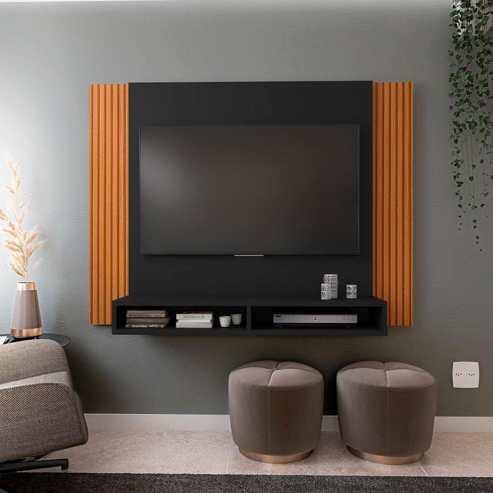 Painel Tokyo Para Tv Até 43" Com 02 Nichos Preto/ripado