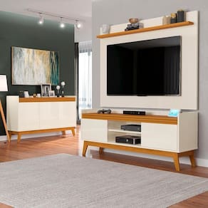 Conj Sala De Estar Buffet E Rack Com Painel 136cm Off White/Cedro