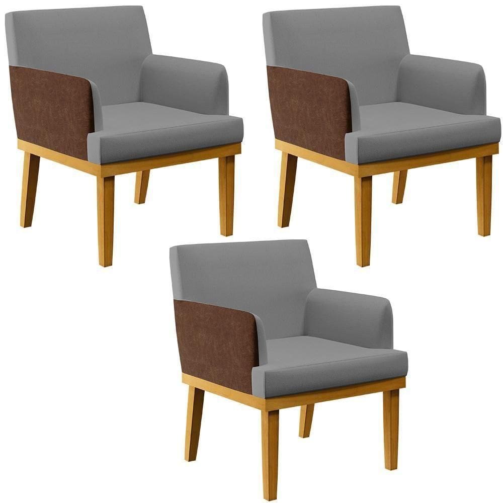 Kit 3 Poltronas Linho Cinza Escuro Couríssimo Marrom