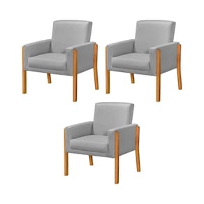 Kit 3 Poltronas Sala De Espera Pés Em Madeira Santorini Linho Cinza - Cinza
