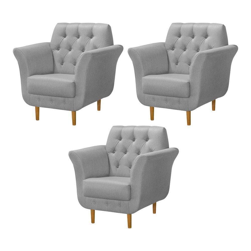 Kit 3 Poltronas Decorativa Pés Palito Em Madeira Playa Linho Cinza - Cinza