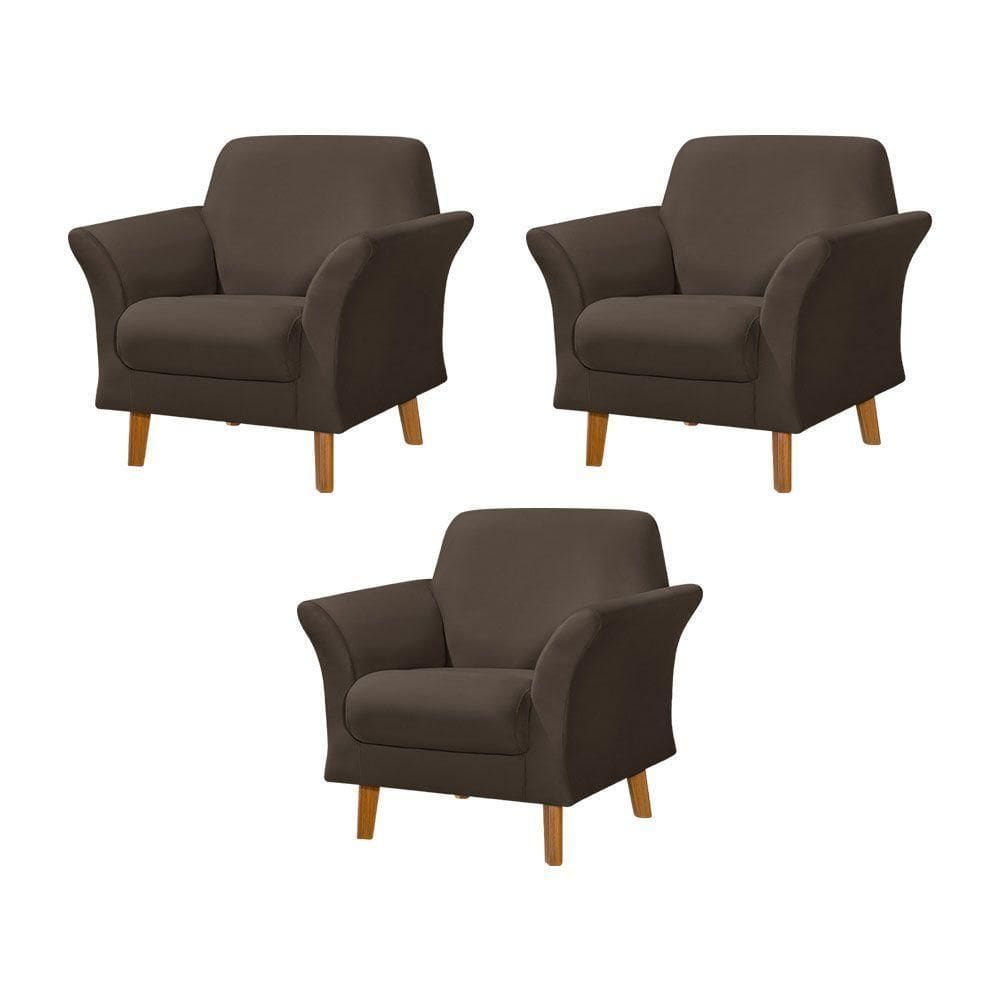 Kit 3 Poltronas Retrô Pés Em Madeira Maciça Jamaica Veludo Marrom - Marrom