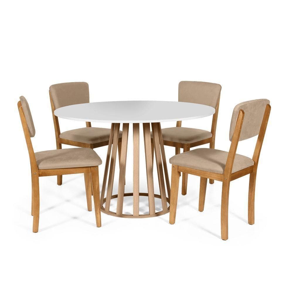 Mesa De Jantar Redonda Gabi Bran/jade Com 4 Cadeiras Estofadas Ella Bege