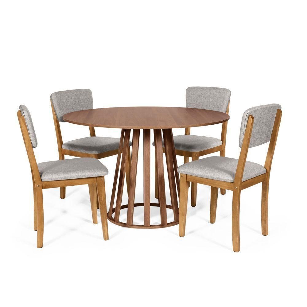 Mesa De Jantar Redonda Gabi Noronha Com 4 Cadeiras Estofadas Ella Cinza Claro