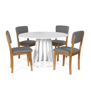 Mesa De Jantar Redonda Gabi Branca Com 4 Cadeiras Estofadas Ella Cinza Escuro