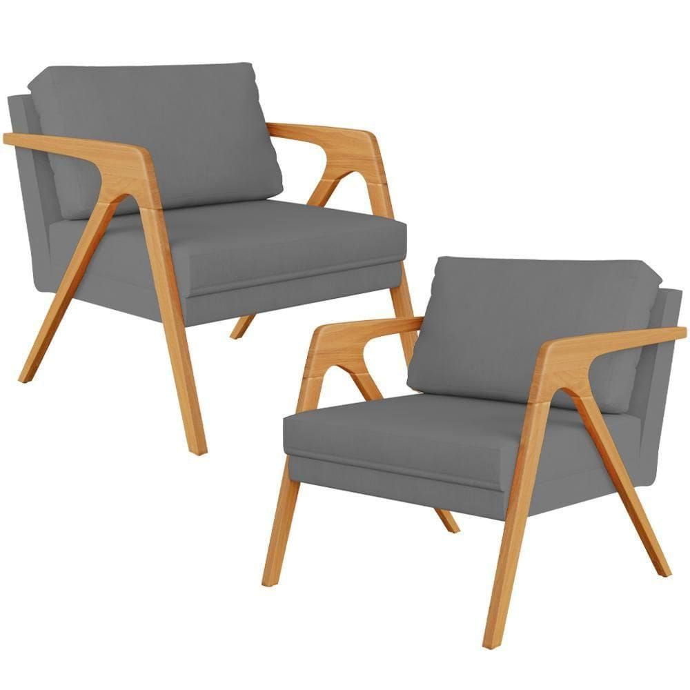 Kit 02 Poltronas Estrutura De Madeira Suede Cinza