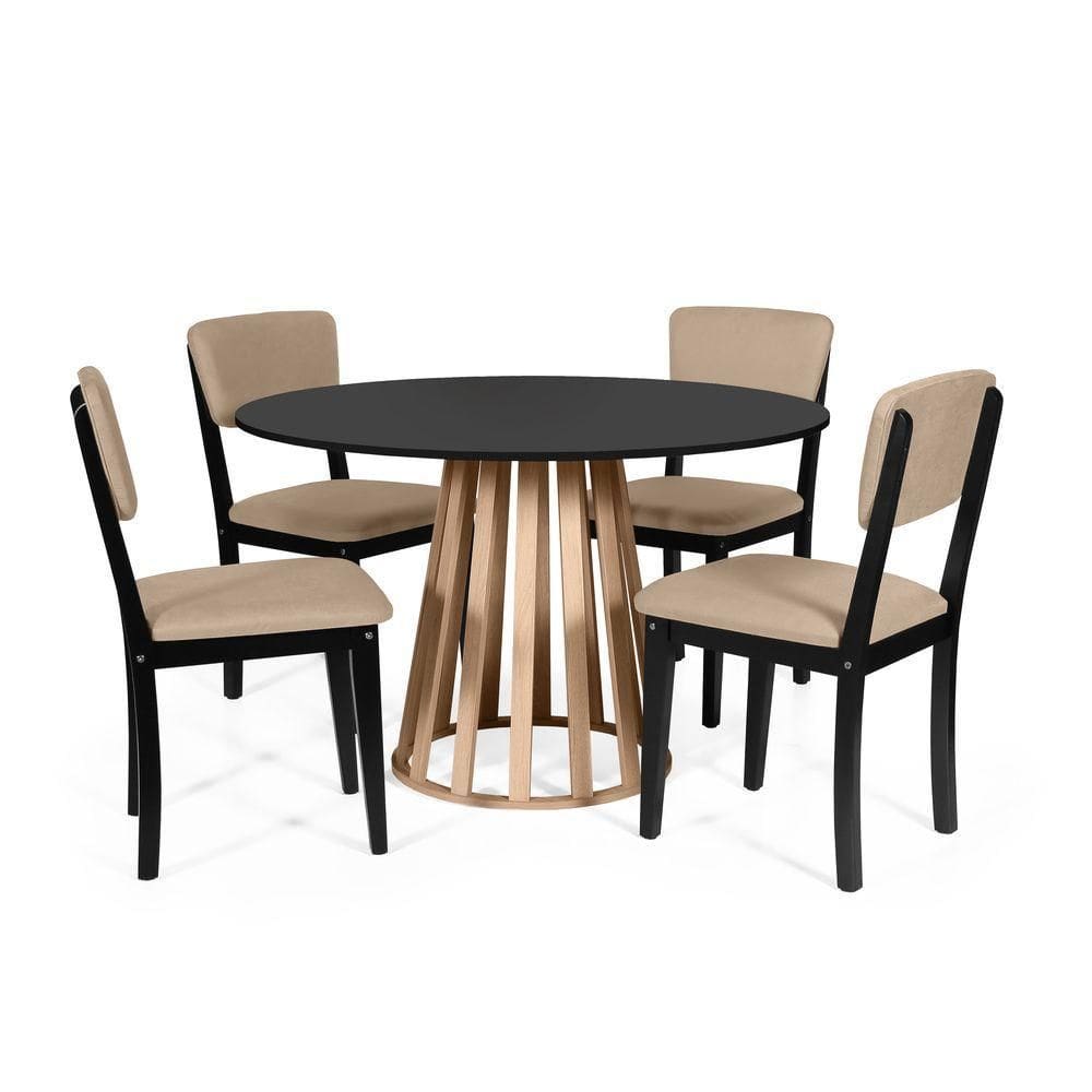 Mesa De Jantar Redonda Gabi Pret/jade Com 4 Cadeiras Estofadas Ella Preto/bege