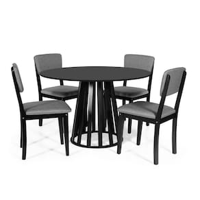 Mesa De Jantar Redonda Gabi Preta Com 4 Cadeiras Estofadas Ella Preto/cinza Escuro