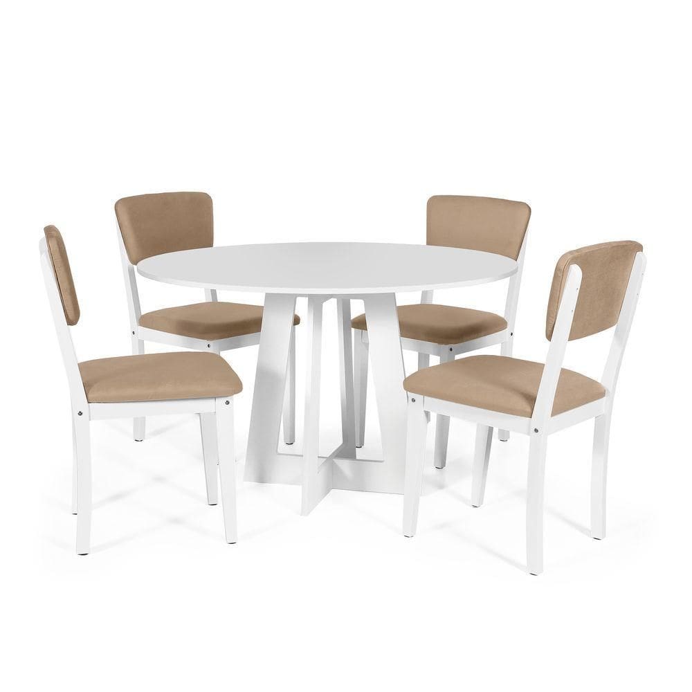 Mesa De Jantar Redonda Montreal Branca Com 4 Cadeiras Estofadas Ella Branco/marrom Claro