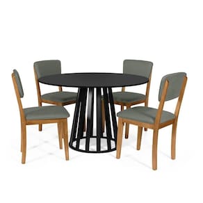 Mesa De Jantar Redonda Gabi Preta Com 4 Cadeiras Estofadas Ella Cinza