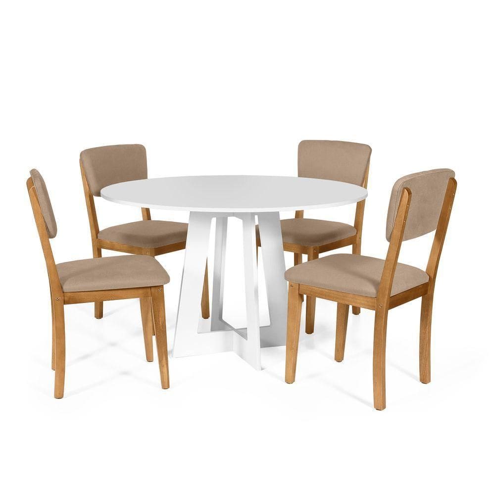 Mesa De Jantar Redonda Montreal Branca Com 4 Cadeiras Estofadas Ella Marrom Claro