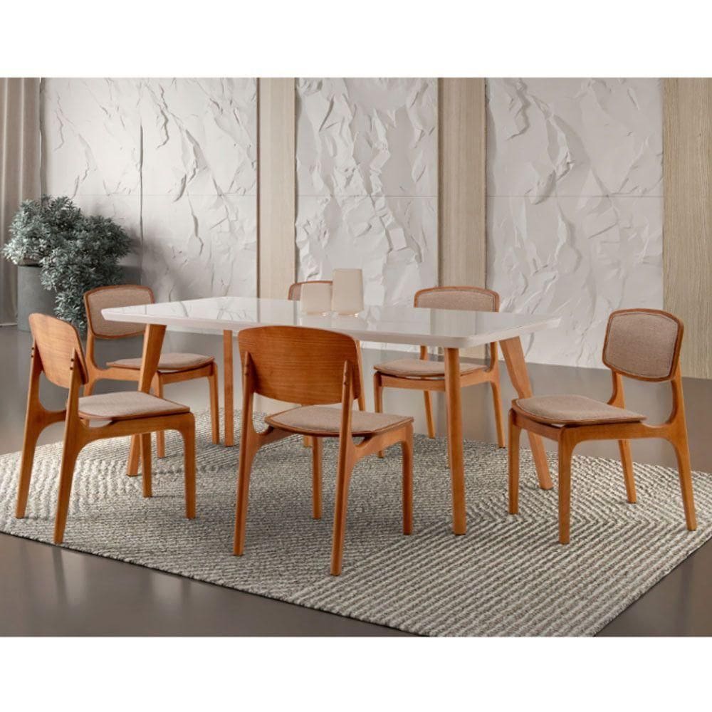 Conjunto Mesa 160cm Com Vidro E 6 Cadeiras Off White