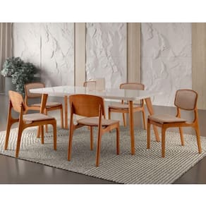 Conjunto Mesa 160cm Com Vidro E 6 Cadeiras Off White