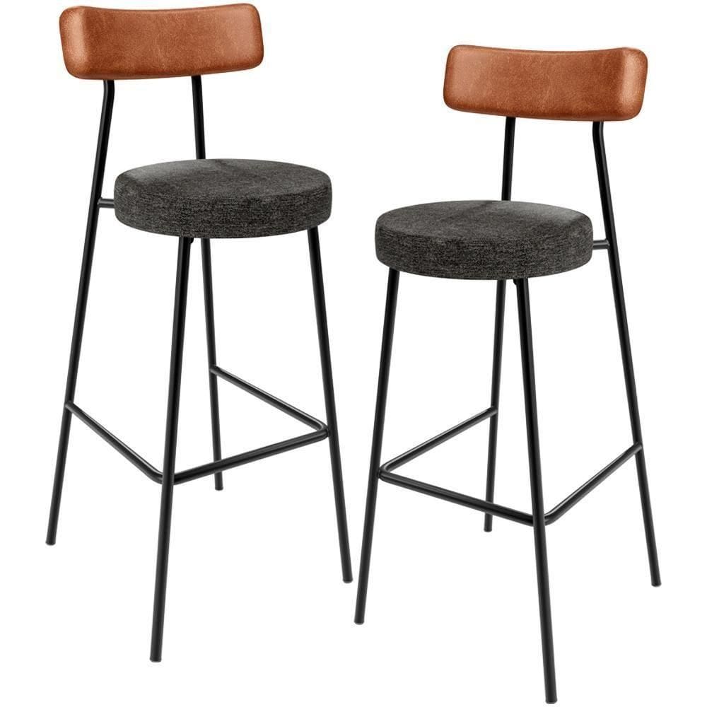 Kit 02 Banquetas Alta Cozinha Sala De Jantar Milão L02 Couríssimo Camel Linho Chumbo