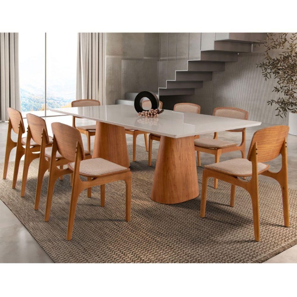 Conjunto Mesa Noronha Com Vidro E 8 Cadeiras Off White
