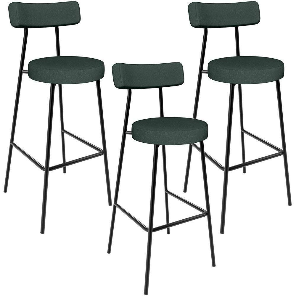 Kit 03 Banquetas Alta Bar Cozinha Sala De Jantar Em Aço Milão L02 Linho Verde Musgo
