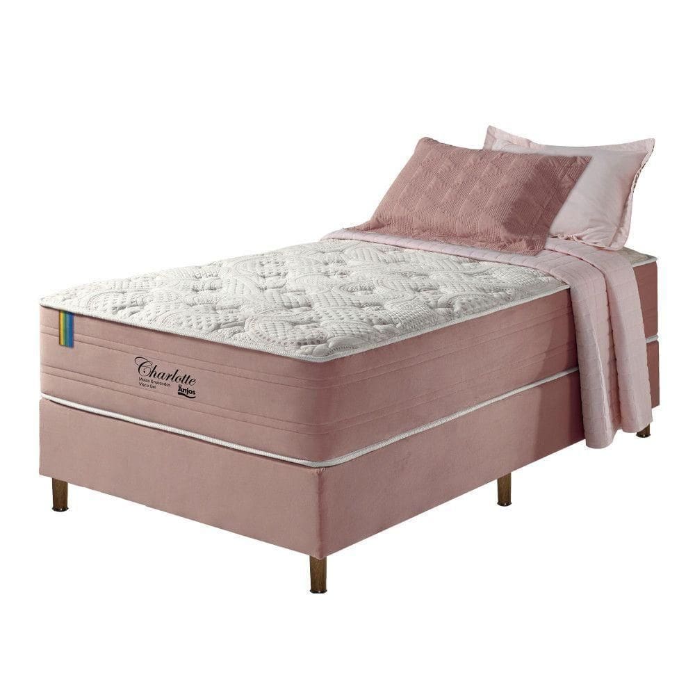 Cama Box Solteiro + Colchão Mola Ensacada Viscogel Charlotte Rosa
