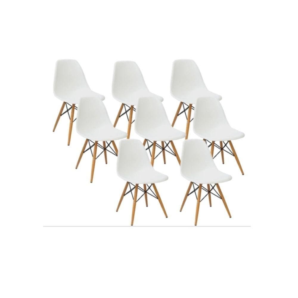 Kit 8 Cadeiras Charles Eames Eiffel Branca Base Madeira Sala Cozinha Jantar