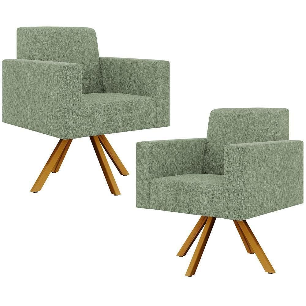 Kit 02 Poltronas Giratória Sala De Estar Base De Madeira Helô L02 Bouclê Oliva