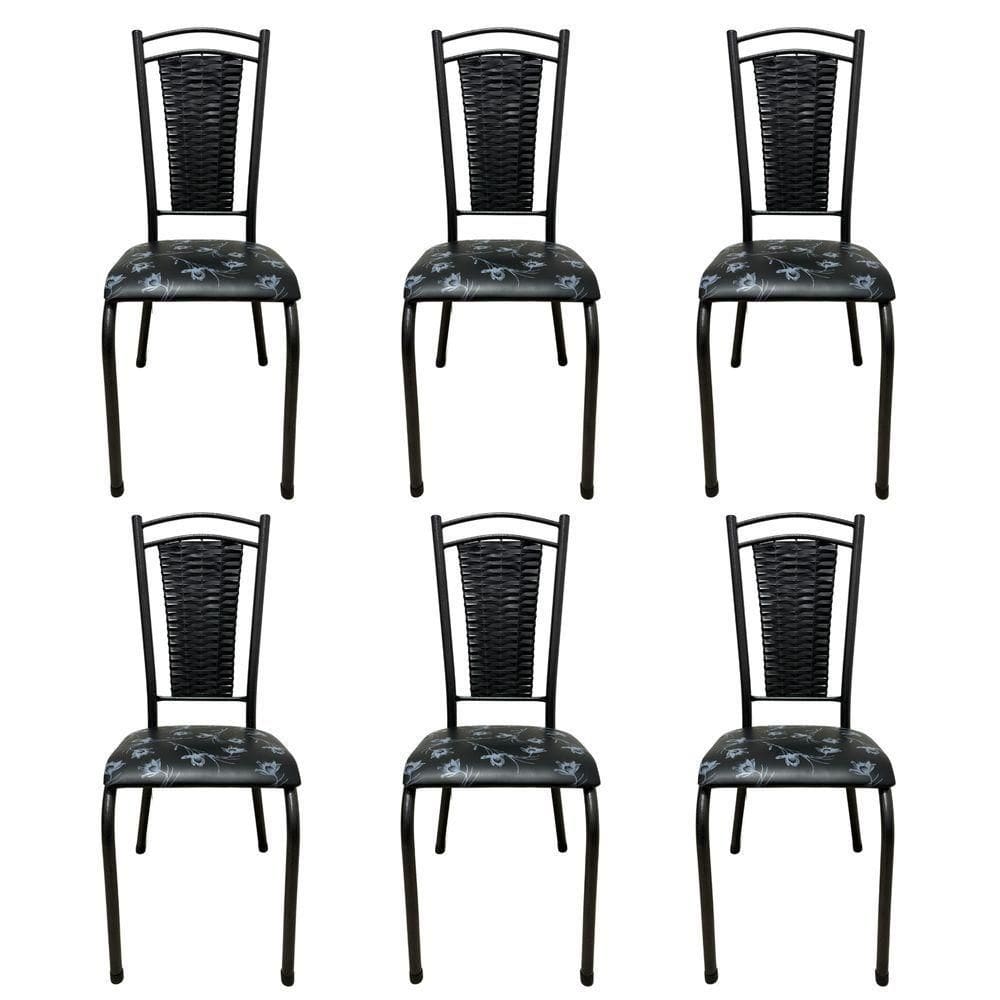 Kit 6 Cadeira De Cozinha Tubular Aço Estofada Encosto Junco Flor
