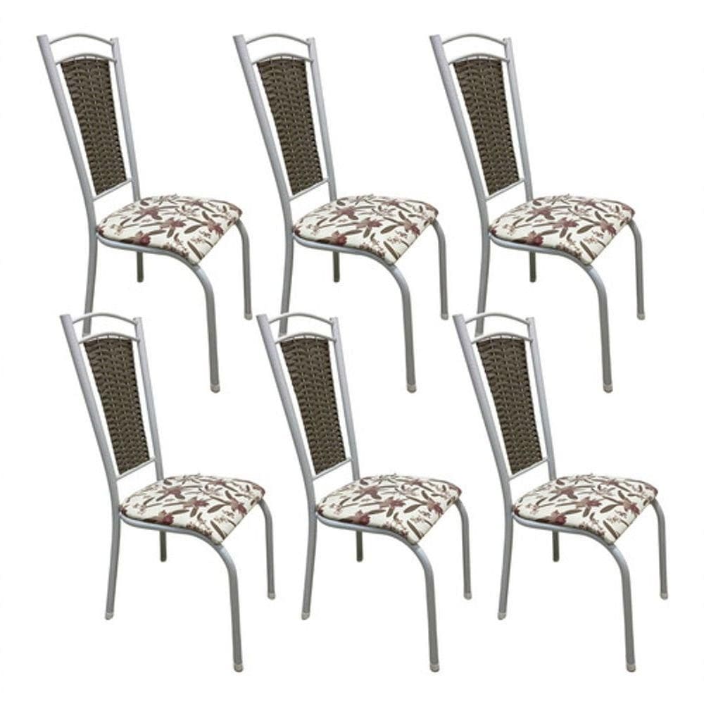 Kit 6 Cadeiras Cozinha Aço Tubolar Confortável Jantar Bege e Branco Tecido Floral