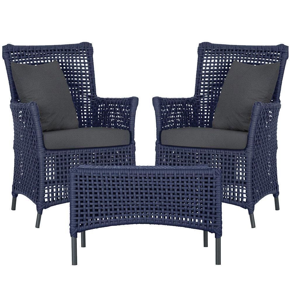 2 Poltronas E 1 Mesa Igapó Alumínio Preta Corda Náutica E11 Azul