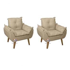 Kit 02 Poltrona/cadeira Decorativa Glamour Com Pés Quadrado Bege Linho
