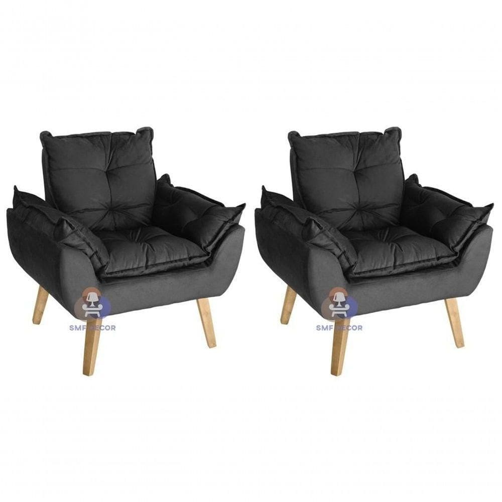 Kit 02 Poltrona/cadeira Decorativa Glamour Com Pés Quadrado Preto
