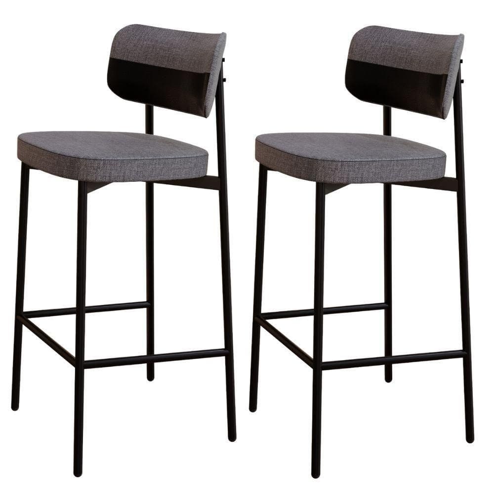 Kit 02 Banquetas Alta Bar Cozinha Sala De Jantar Aço Preto Kaira C01 Linho Cinza Courino Preto - Lyam Decor