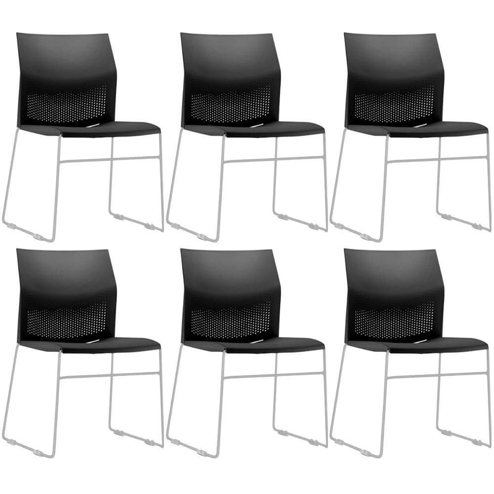 Kit 06 Cadeiras Empilhável Fixa Link F02 Base Aço Cinza Preto - Lyam Decor