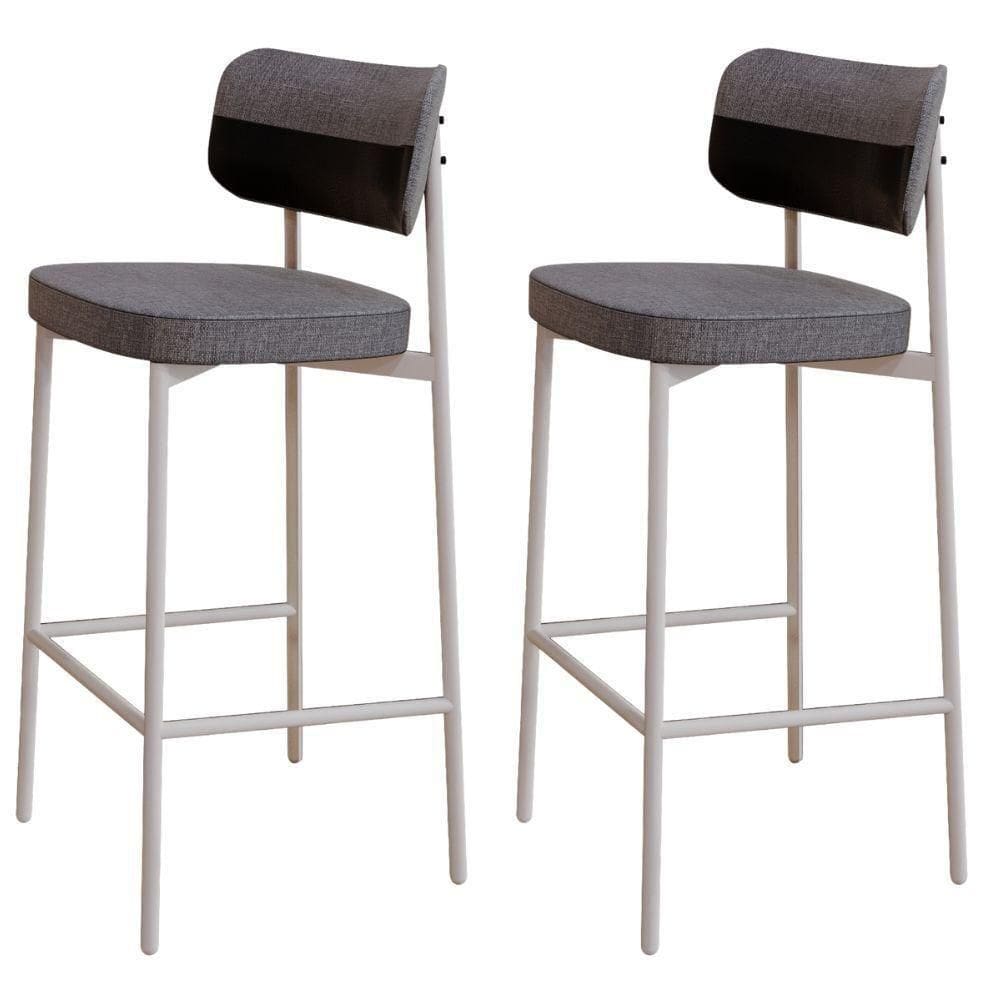 Kit 02 Banquetas Alta Bar Cozinha Sala De Jantar Aço Branco Kaira C01 Linho Cinza Courino Preto - Lyam Decor