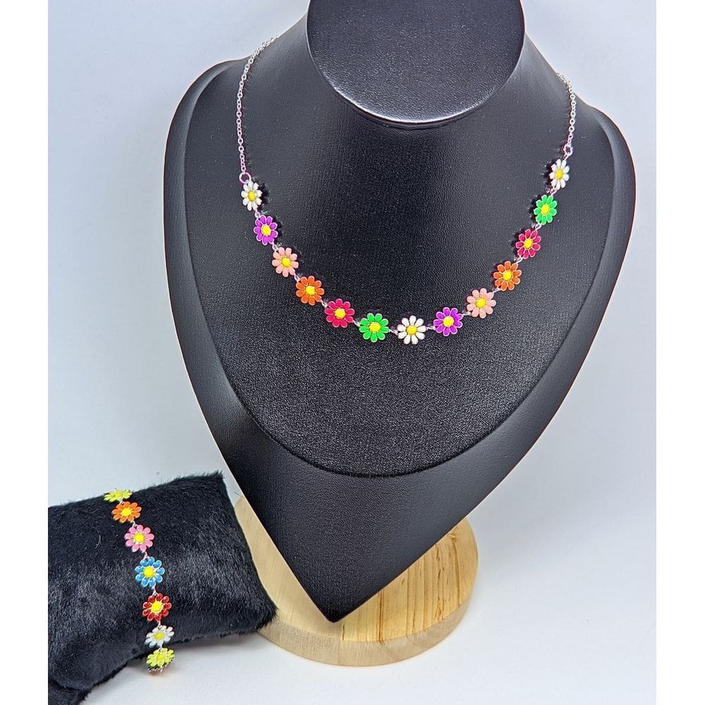 Kit Conjunto Colar choker + Pulseira Flor Girassol Margaridas Branca Colorida Folheado Prata Inspiração Inspiração moda