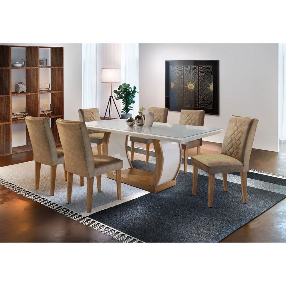 Sala de Jantar Milena MDF com Vidro Canto Reto 6 Cadeiras Rufato