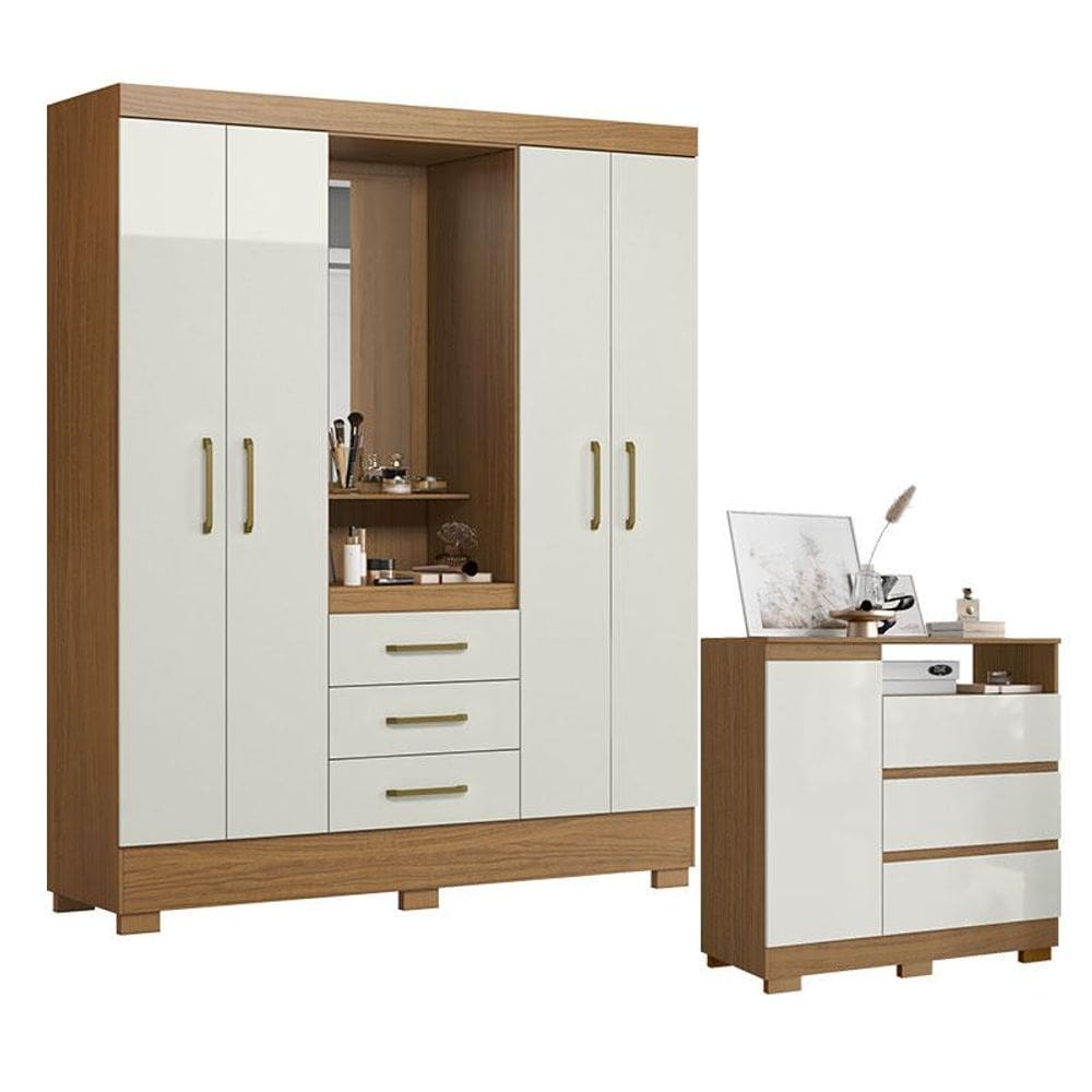 Cômoda 2014143 e Guarda Roupa Solteiro Paris 2045150 Atacama Off White - Aramóveis