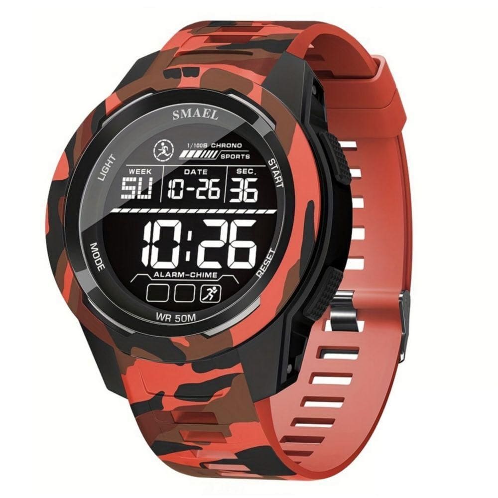 Relógio Esportivo Multifuncional Display Led Com Pulseira Tpu à Prova D`água Vermelho Camuflado