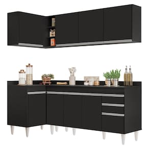 Armário De Cozinha Modulado De Canto Direito 4 Peças Cp41 Balcão Com Tampo Preto - Lumil