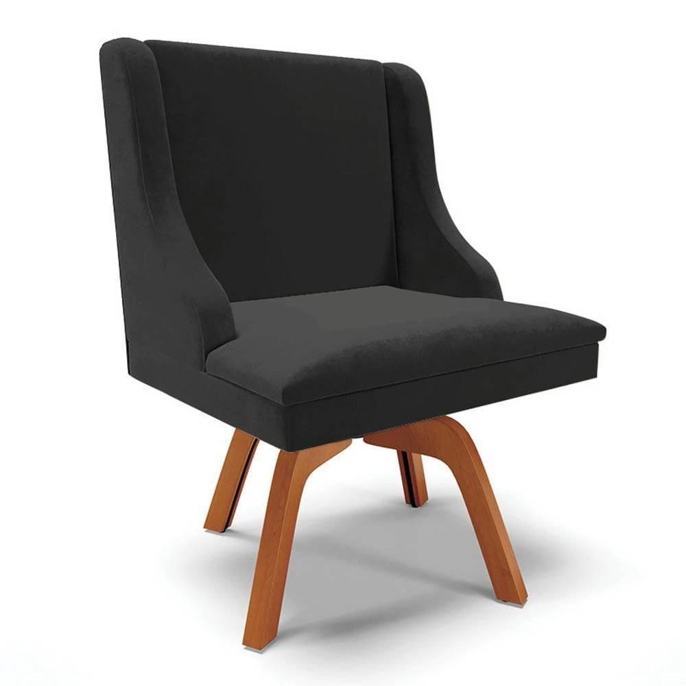 Cadeira Estofada Para Sala De Jantar Base Giratória De Madeira Lia Veludo Preto - Ibiza