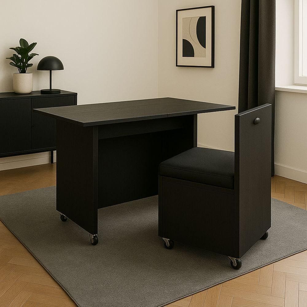 Mesa 2 Em 1 Preto Cadeira Embutida Gavetas Home Office Estudo Rodinhas