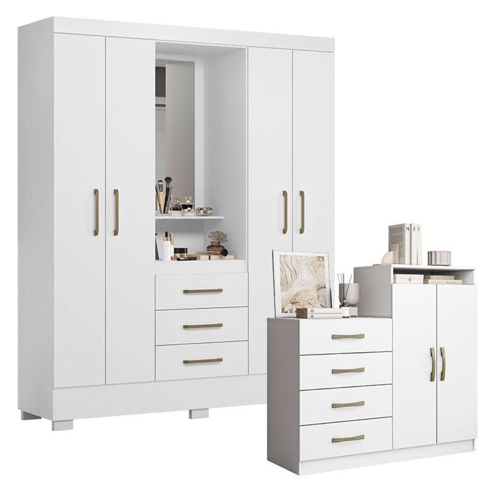 Cômoda Londres e Guarda Roupa Solteiro Paris 2045150 Branco - Aramóveis