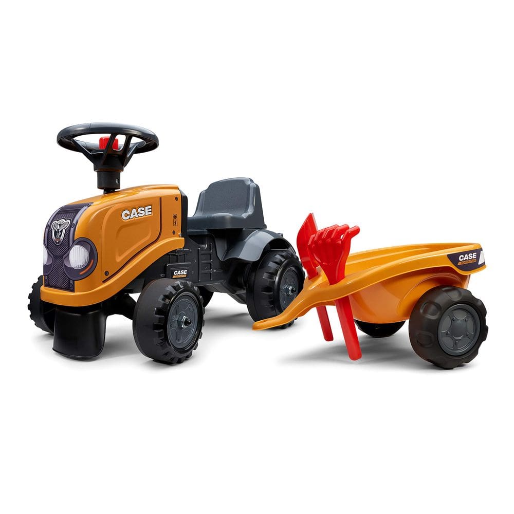 Trator Ride-On Toy Falk Case CE com reboque, ancinho e pá